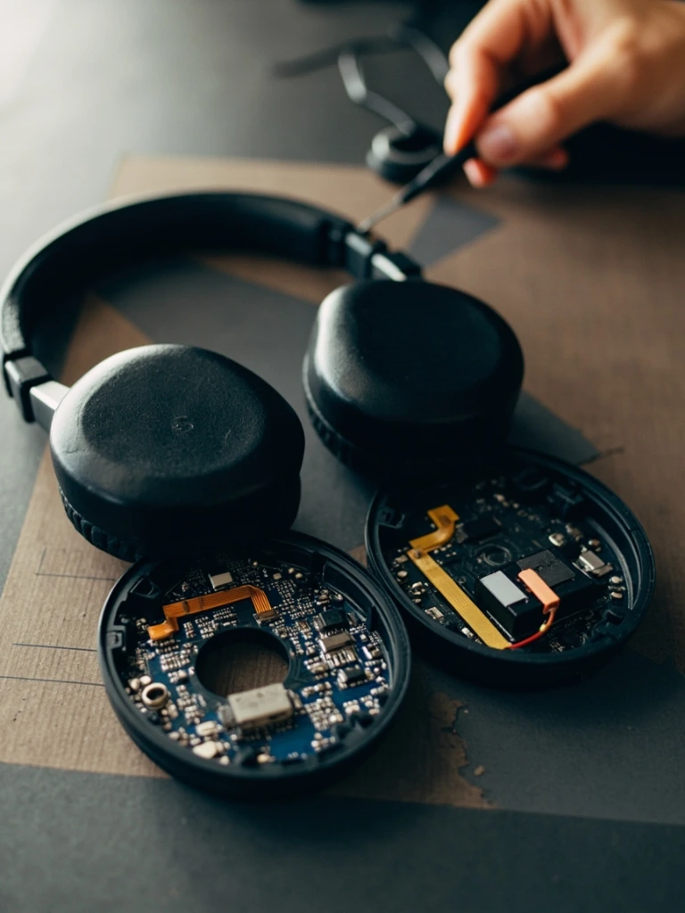 Internal chassis of a wireless headphone after the teardown crew removed the ear cushion and driver housing.