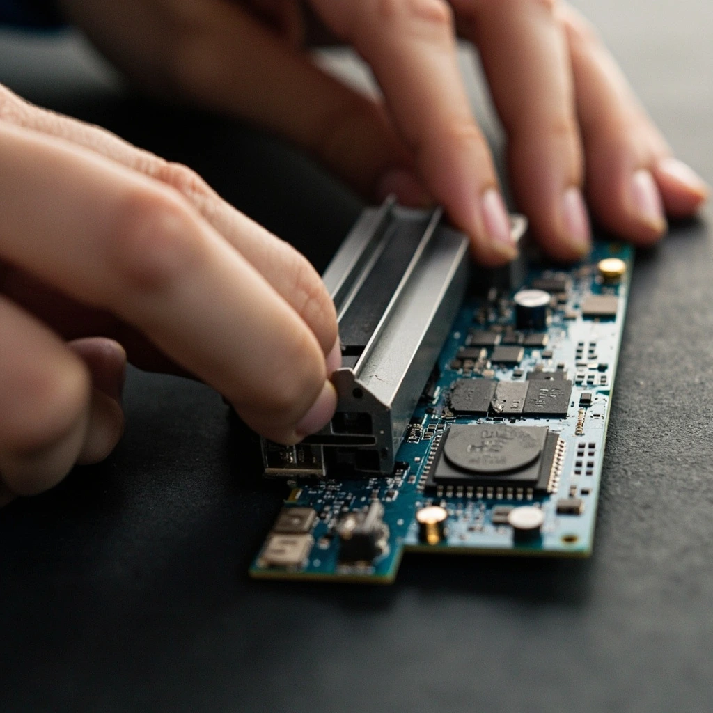 A smart-home hub motherboard with the heatsink removed, photographed under lab lighting.