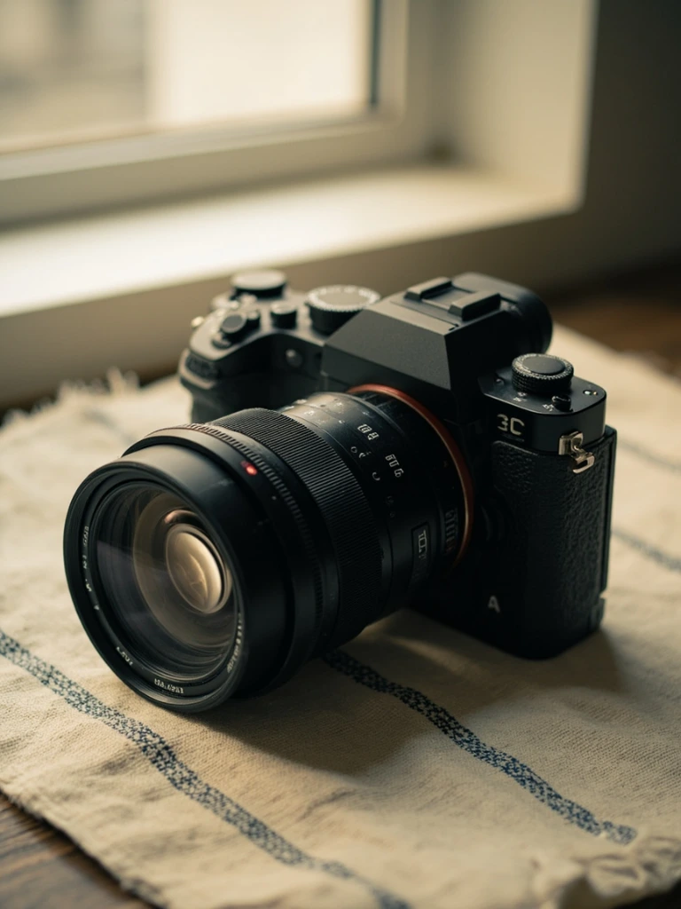 Mirrorless camera with a prime lens on a linen surface.